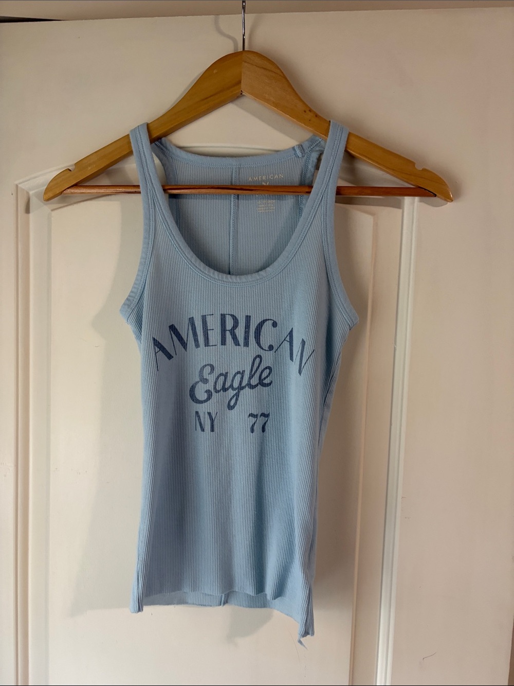 American Eagle Outfitters Pale Blue Ribbed Logo Scoop Tank NWOT
